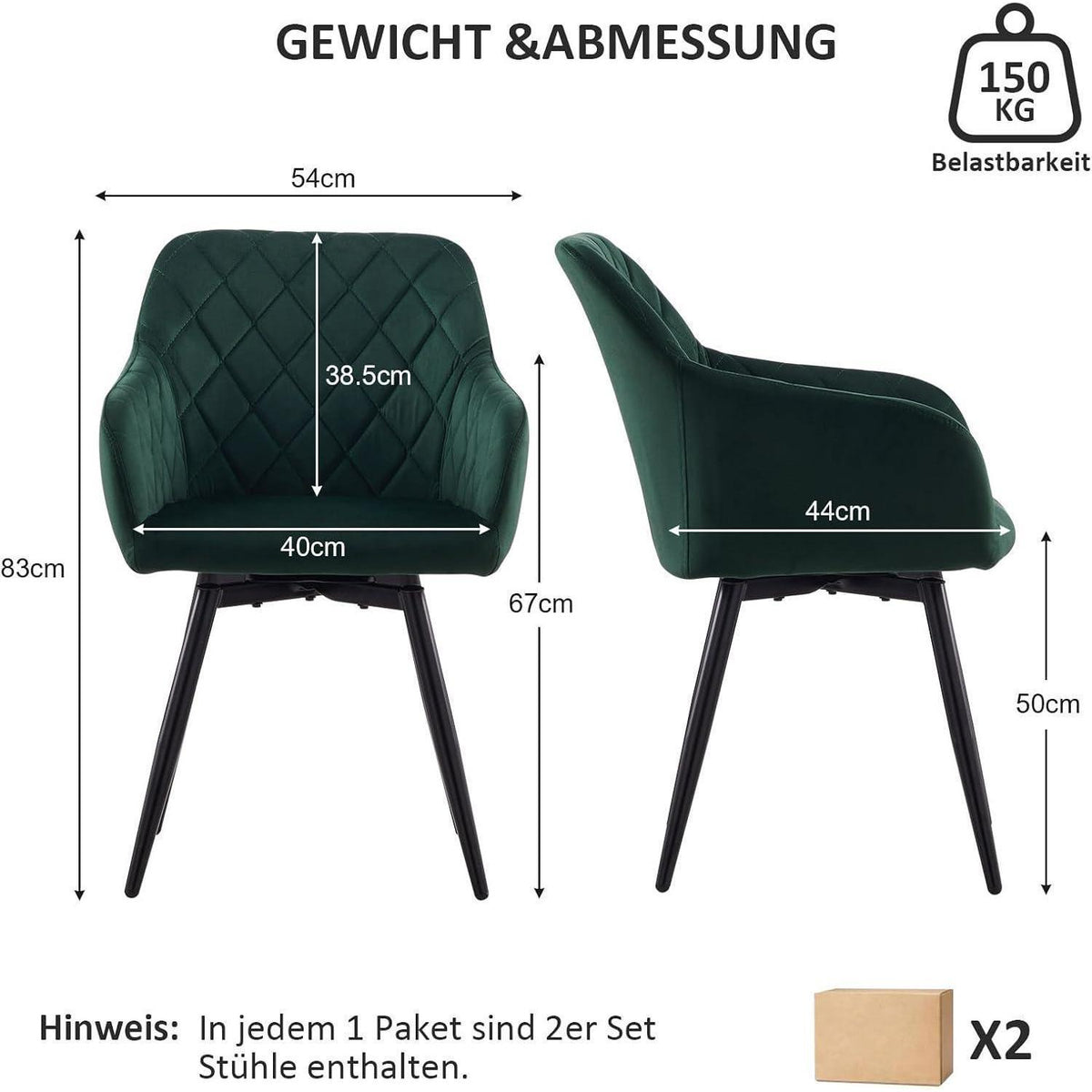 Drehbarer Samt Esszimmerstuhl mit Armlehnen - 4er Set Grün