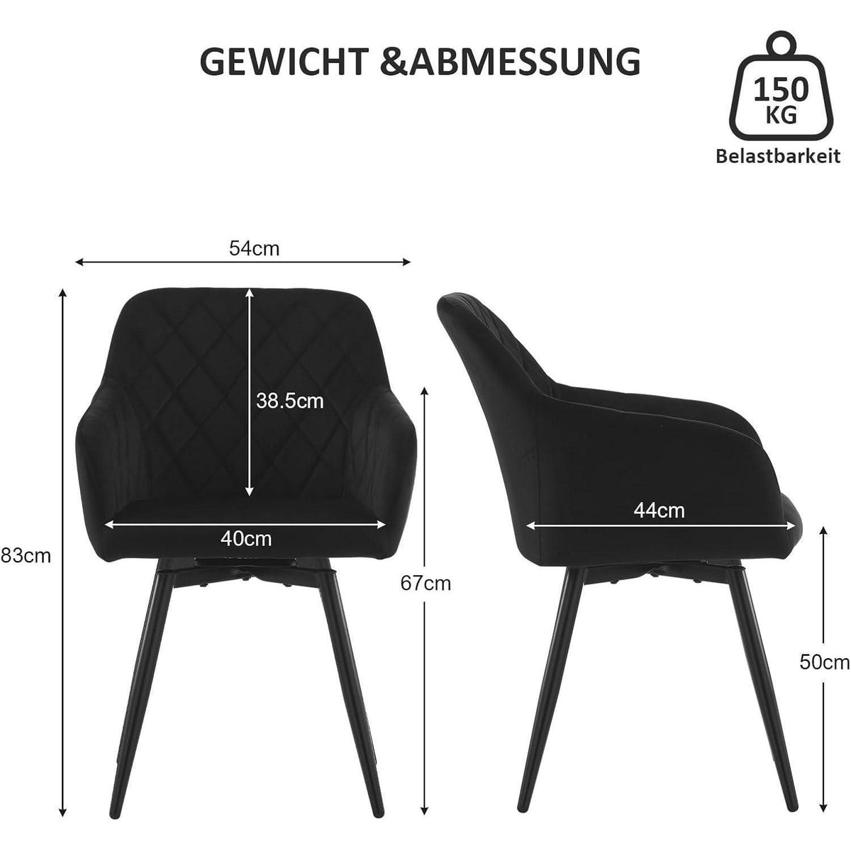 Drehbarer Esszimmerstuhl mit Armlehnen, Samt Schwarz 2er Set