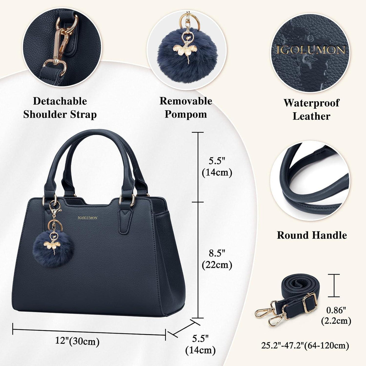 Handtasche Damen Mittelgroß Leder Henkeltasche Dunkelblau Elegante