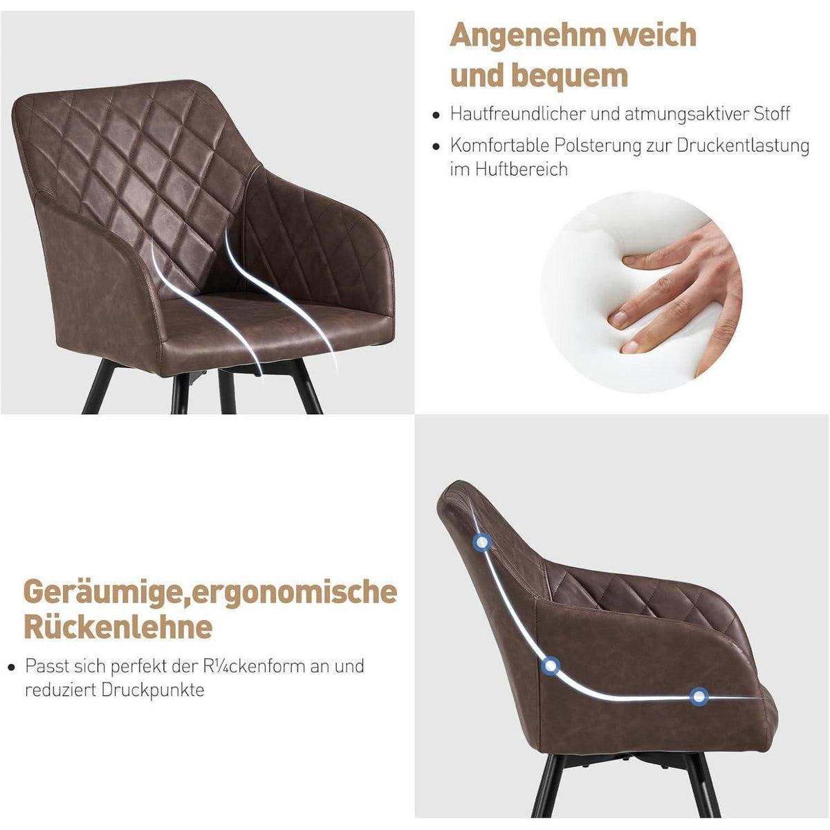 Drehbarer Esszimmerstuhl mit Armlehnen – 4er Set Braun