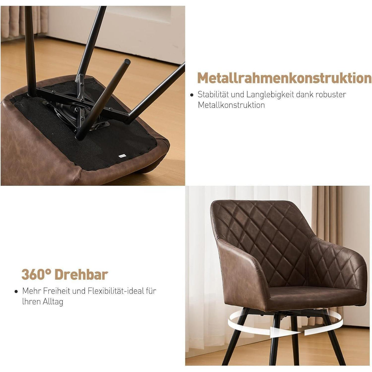 Drehbarer Esszimmerstuhl mit Armlehnen – 4er Set Braun