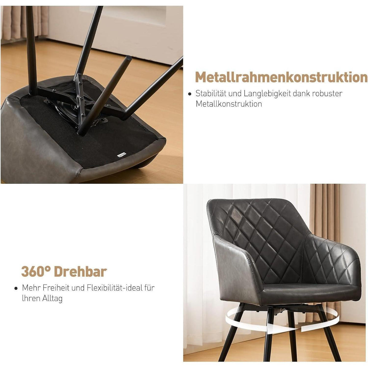 Drehbarer Esszimmerstuhl mit Armlehnen – 4er Set Grau
