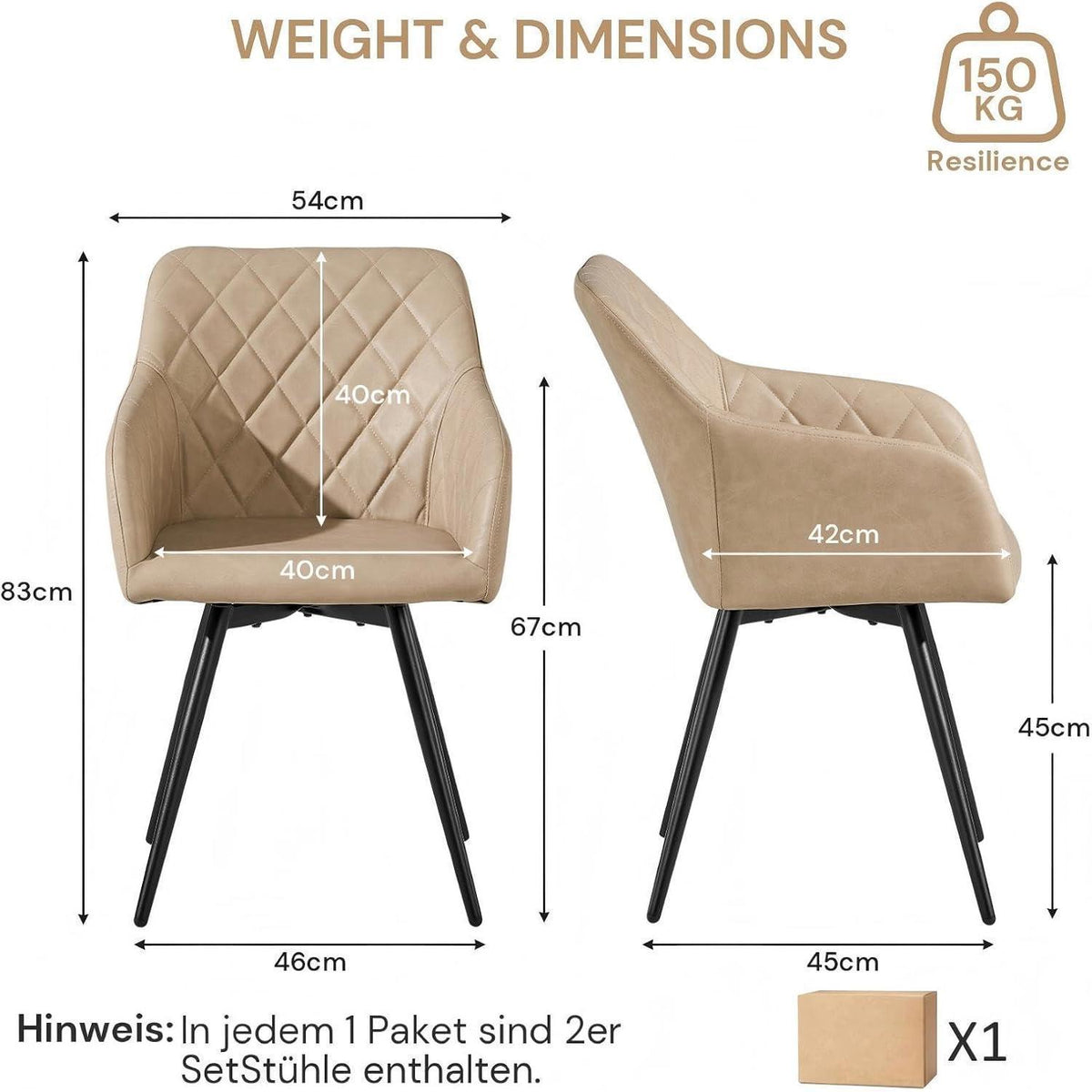 Drehbarer Esszimmerstuhl mit Armlehnen – Beige (2er Set) in Lederoptik