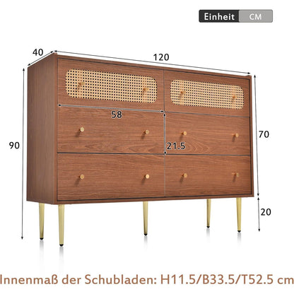 Rattankommode mit 6 Schubladen | Schlafzimmer & Wohnzimmer | 120x40x90 cm Nussbaum