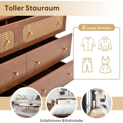Rattankommode mit 6 Schubladen | Schlafzimmer & Wohnzimmer | 120x40x90 cm Nussbaum