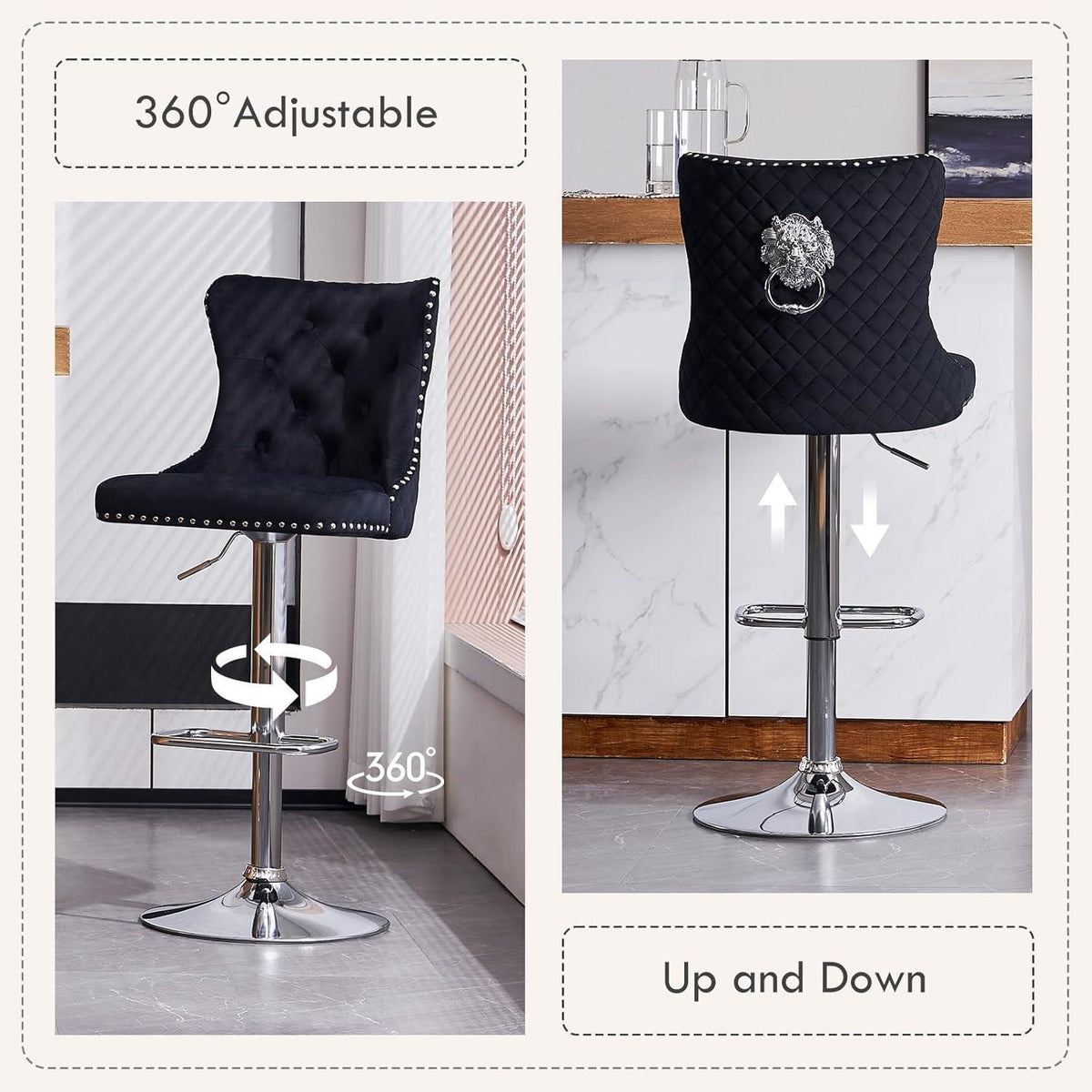 Samt Barhocker 2er Set – Höhenverstellbar & Drehbar Schwarz