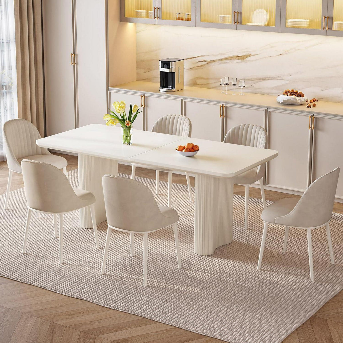 Weißer Esstisch Set mit 6 gepolsterten Stühlen – Modern & Platzsparend
