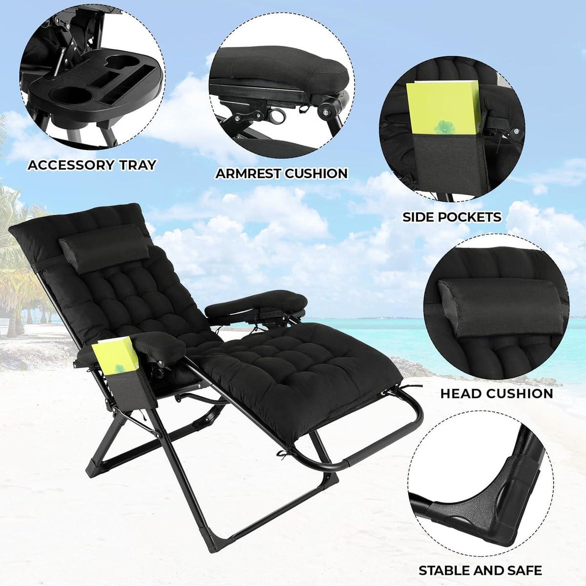 2er Sonnenliegen Set klappbar mit Kissen, Wetterfest, Verstellbar, Schwarz