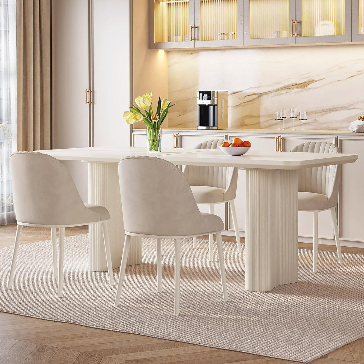 Moderner Esstisch Weiß mit 4 gepolsterten Stühlen – Esszimmer Set