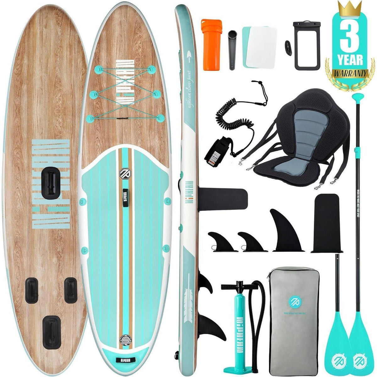 Aufblasbares Stand Up Paddle Board für Erwachsene, 320cm, 200kg Tragkraft, Cool Mint Wood