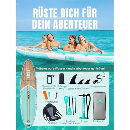 Aufblasbares Stand Up Paddle Board für Erwachsene, 320cm, 200kg Tragkraft, Cool Mint Wood