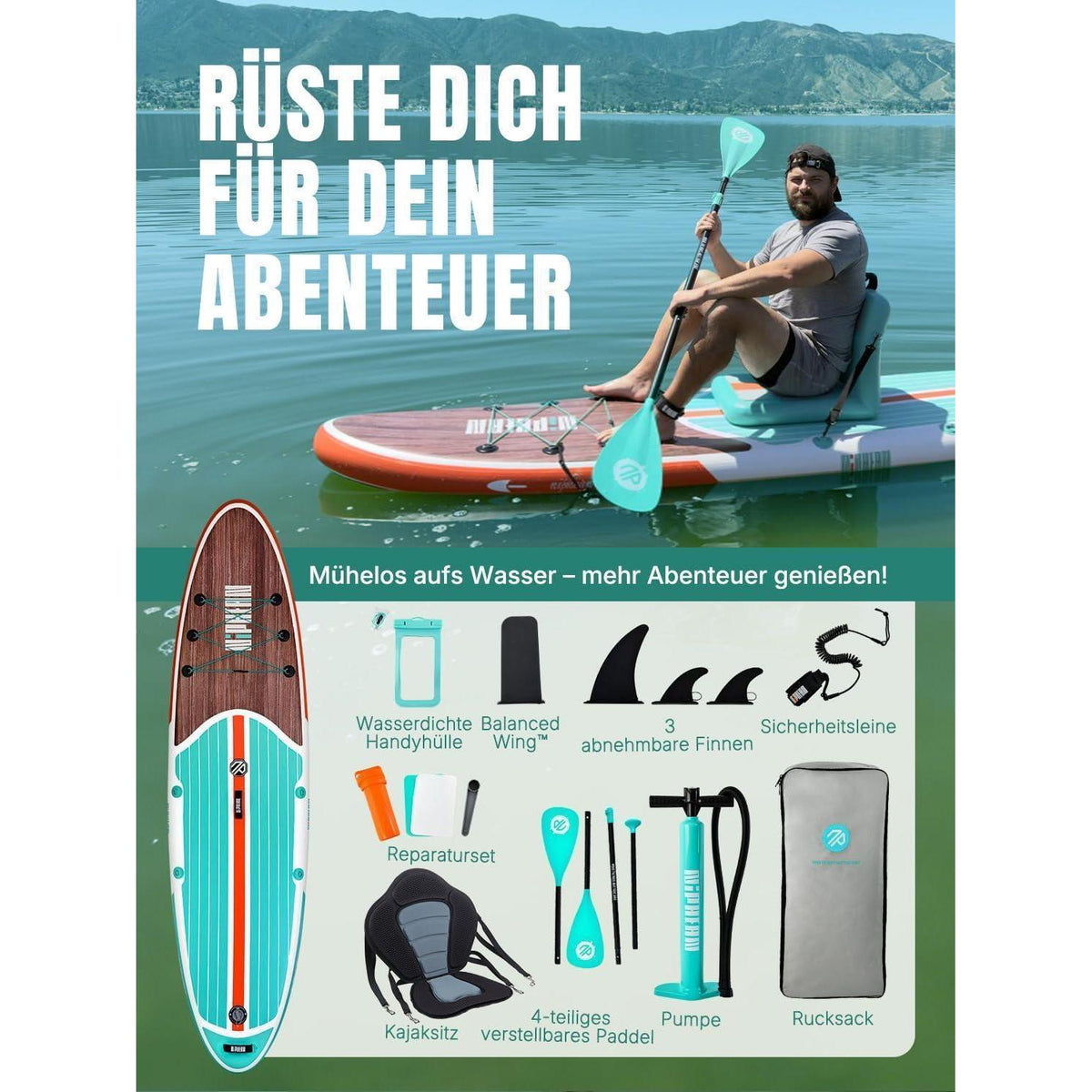 Aufblasbares Stand Up Paddle Board für Erwachsene, 320cm, 200kg Tragkraft, mit Sitz