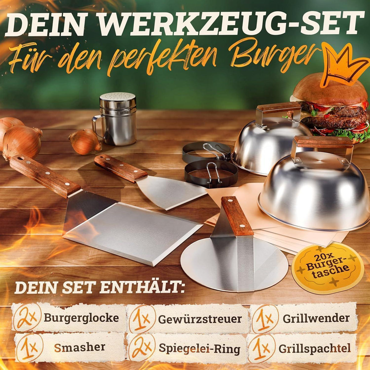 Edelstahl Plancha Grillplatte 30x40cm mit Burger Master Set