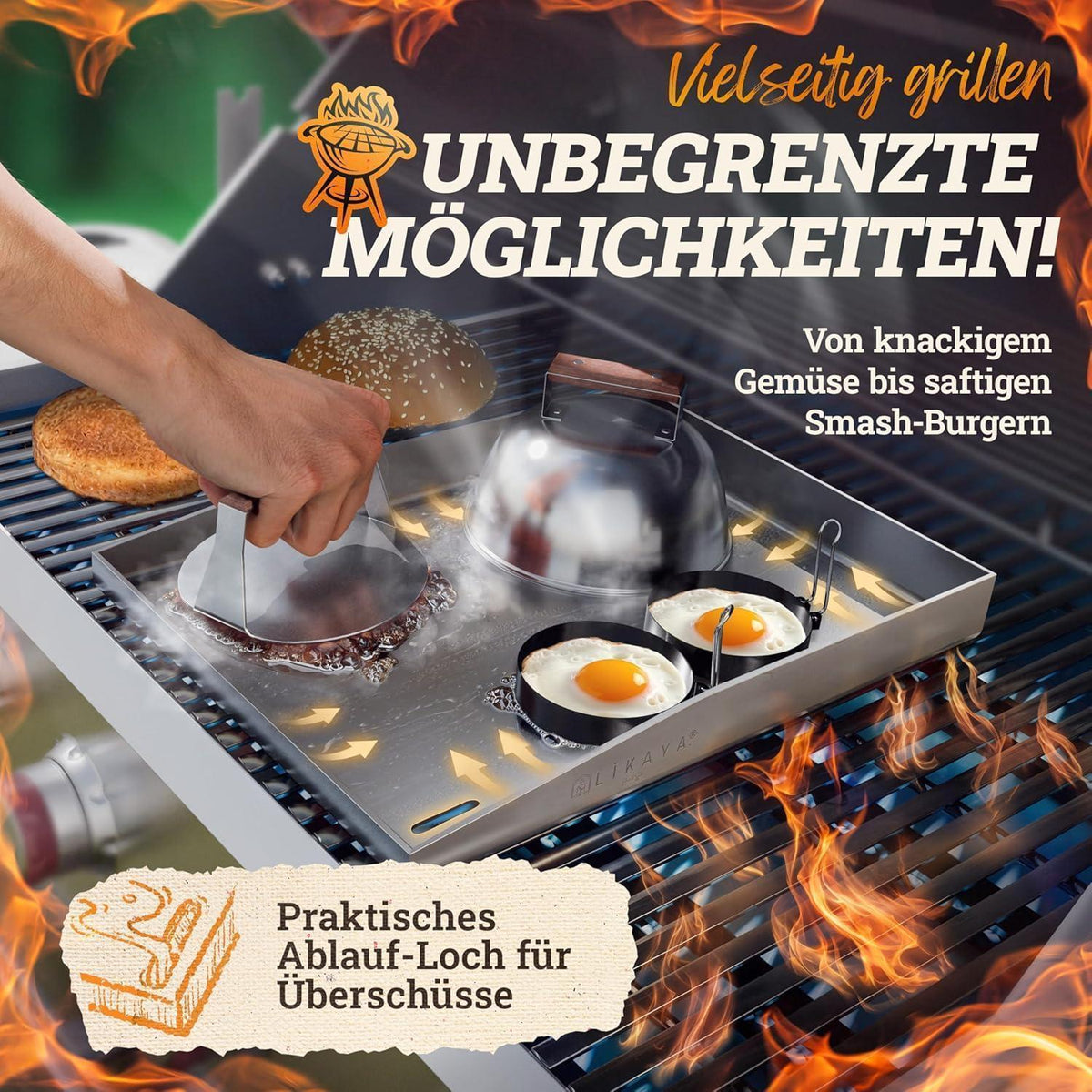 Edelstahl Plancha Grillplatte 30x40cm mit Burger Master Set