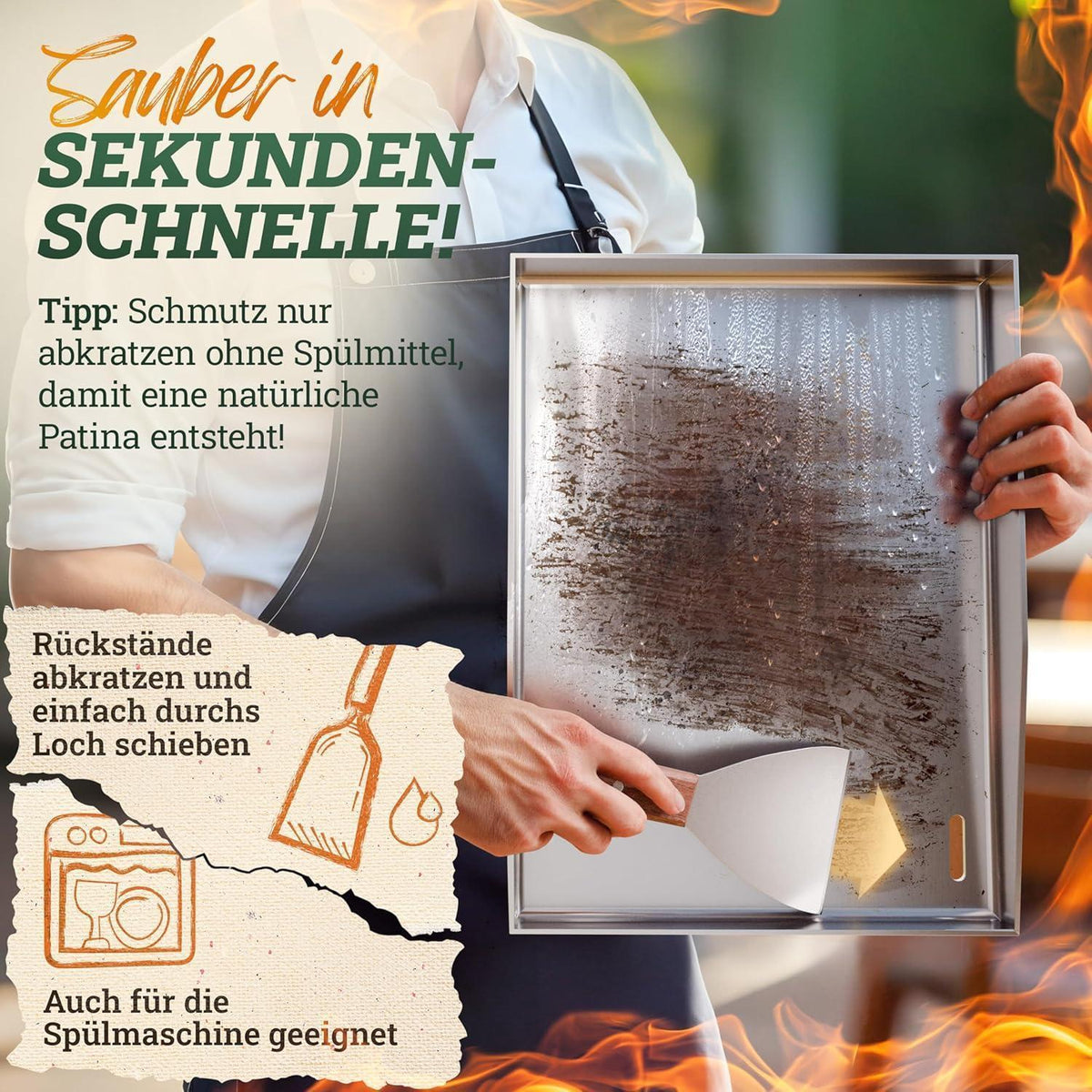 Edelstahl Plancha Grillplatte 30x40cm mit Burger Master Set