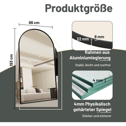 Ganzkörperspiegel Bogenförmig Schwarz | 193x86cm, Stehend & Wandmontage