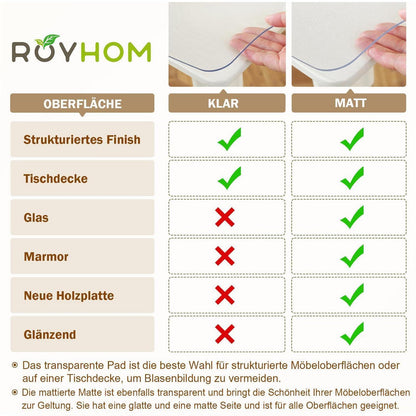 Royhom Tischfolie Transparent 110x200 cm – Glasklare PVC Tischauflage
