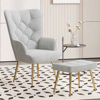 Sessel mit Hocker, grau, Bouclé, Metallbeine