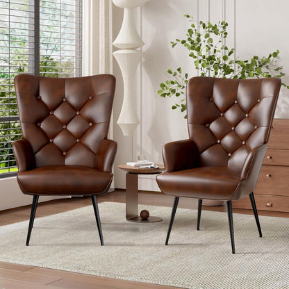 2er-Set Eleganter Ohrensessel mit Metallbeinen, Braun