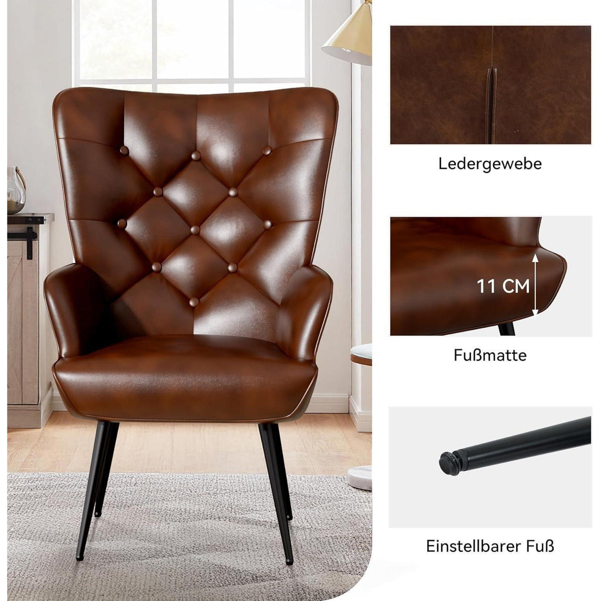 2er-Set Eleganter Ohrensessel mit Metallbeinen, Braun