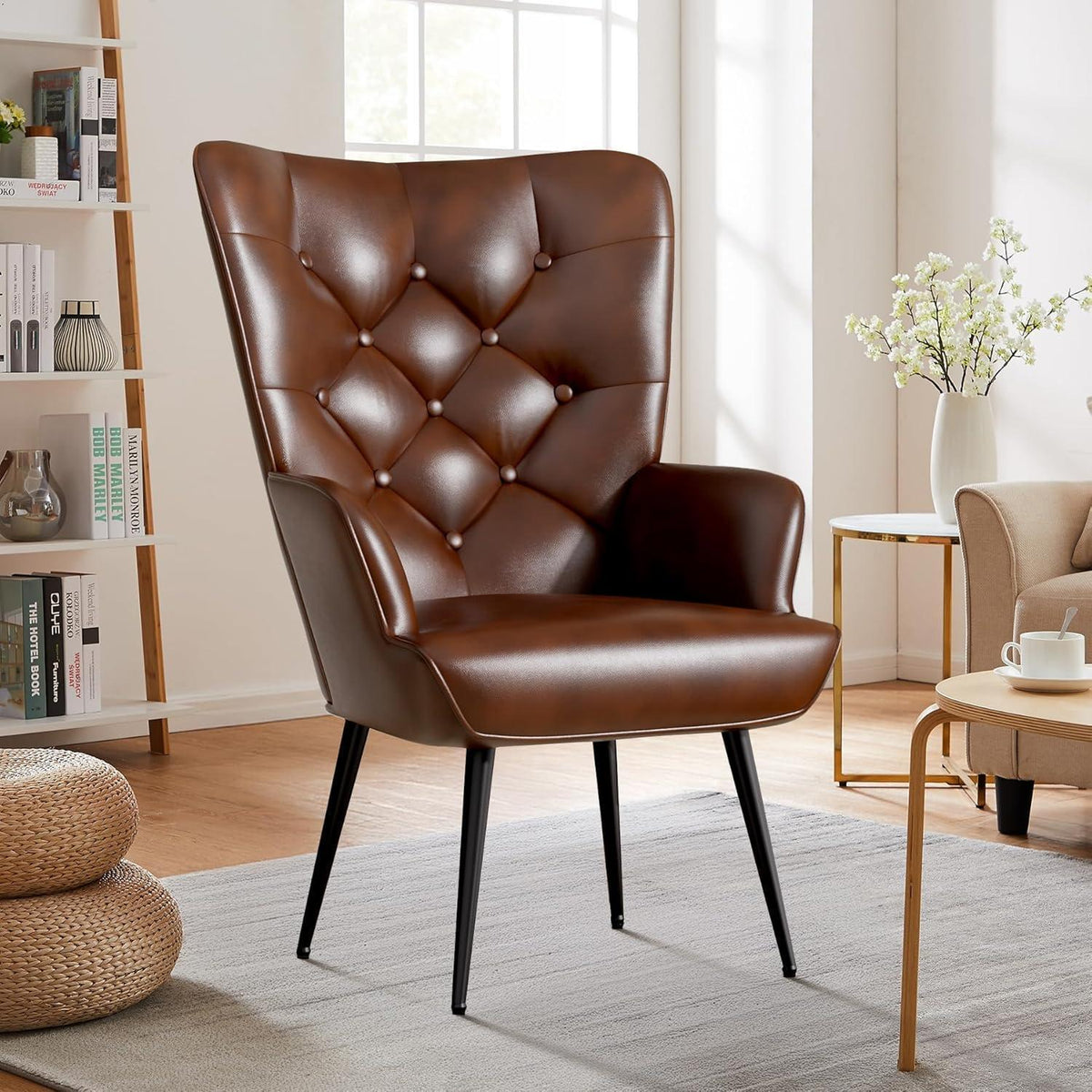 2er-Set Eleganter Ohrensessel mit Metallbeinen, Braun