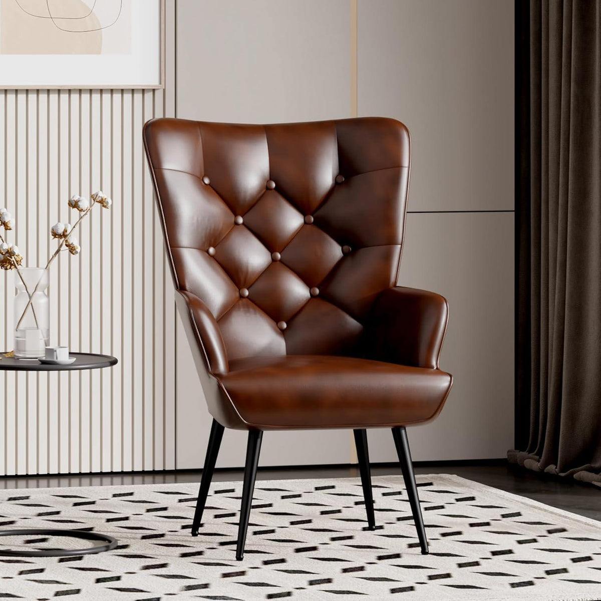 2er-Set Eleganter Ohrensessel mit Metallbeinen, Braun