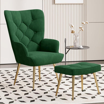 Eleganter Ohrensessel mit Hocker, Grün, Metallbeine
