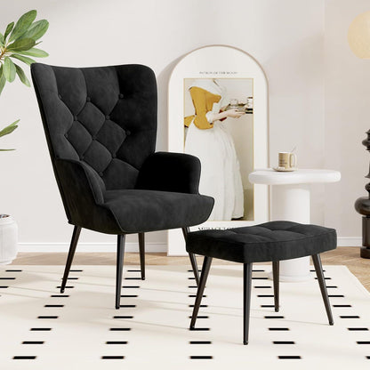 Eleganter Ohrensessel mit Hocker, Schwarz
