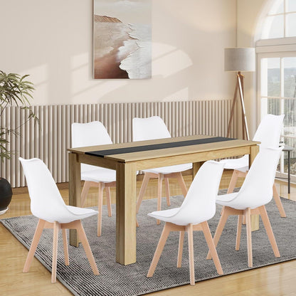 Essgruppe 140cm Eiche-Schwarz Tisch mit 6 weißen Stühlen