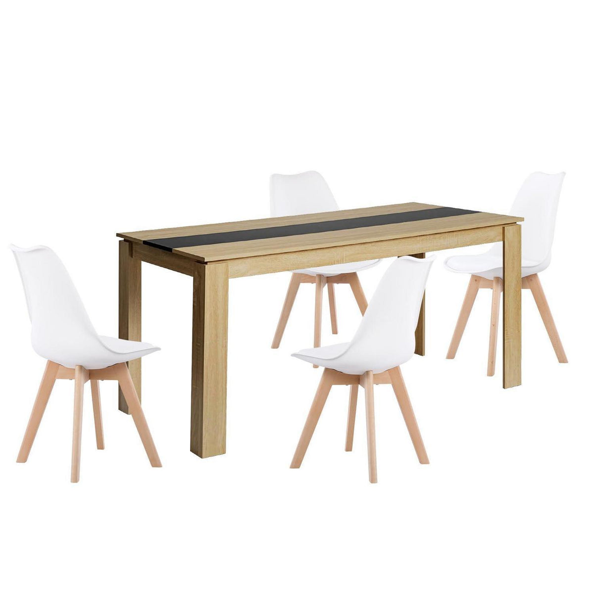 Essgruppe Eiche-Schwarz mit 4 weißen Esszimmerstühlen (160cm)