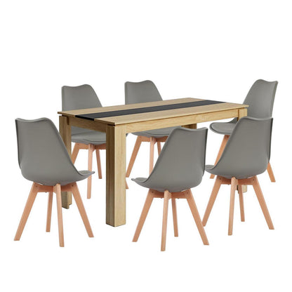Essgruppe Eiche-Schwarz mit 6 Grau Stühlen (140cm)