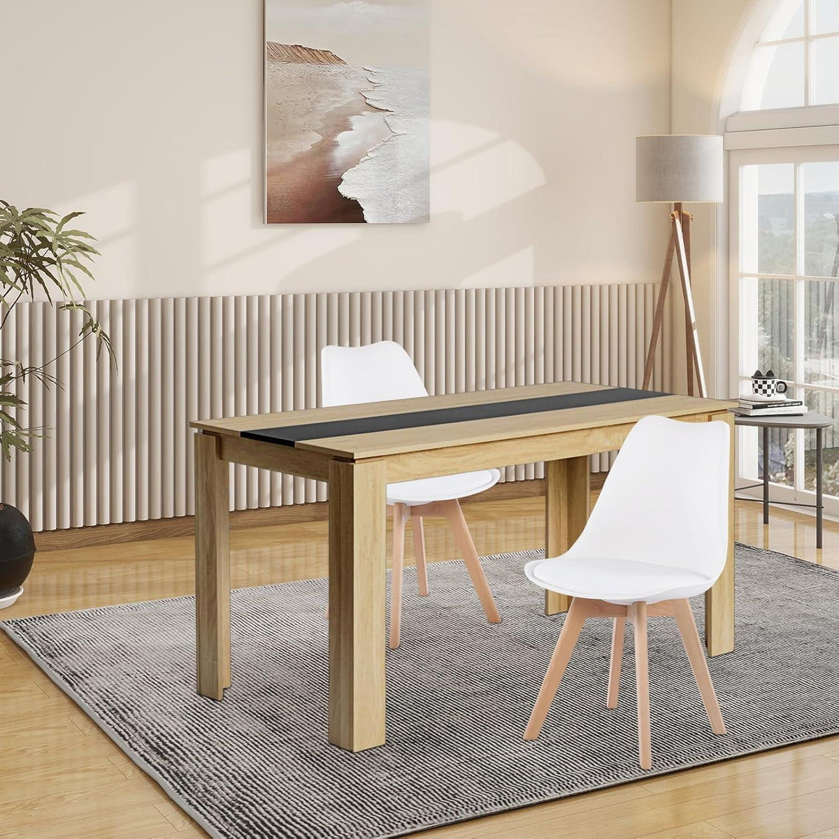 Essgruppe 140cm Eiche-Schwarz Tisch mit 2 Weiß Stühlen