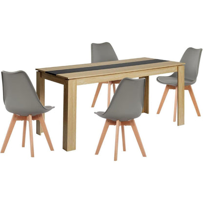 Essgruppe Eiche-Schwarz mit 4 Grau Stühlen (160cm)