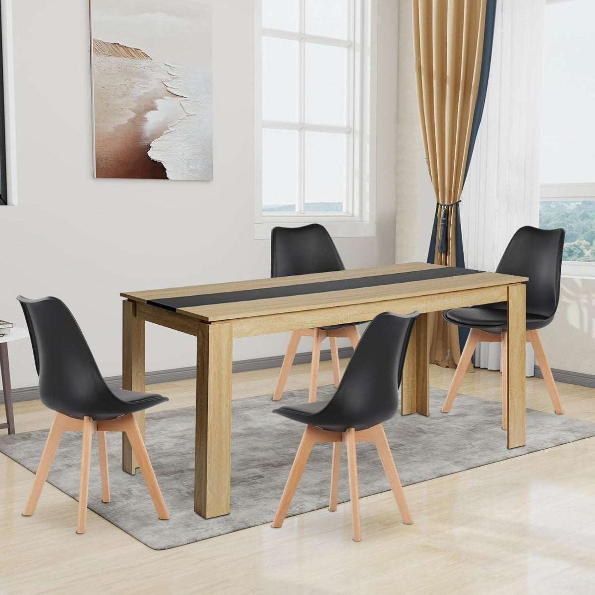 Essgruppe Eiche-Schwarz mit 4 Esszimmerstühlen (160cm)