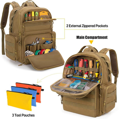 Werkzeugrucksack Khaki mit Organizer-Taschen für Handwerker