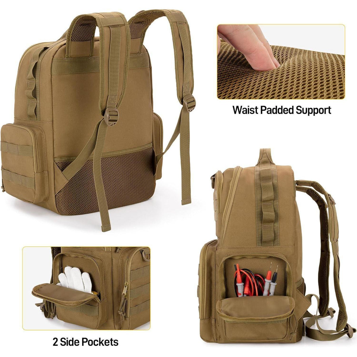 Werkzeugrucksack Khaki mit Organizer-Taschen für Handwerker