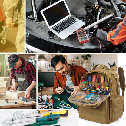 Werkzeugrucksack Khaki mit Organizer-Taschen für Handwerker