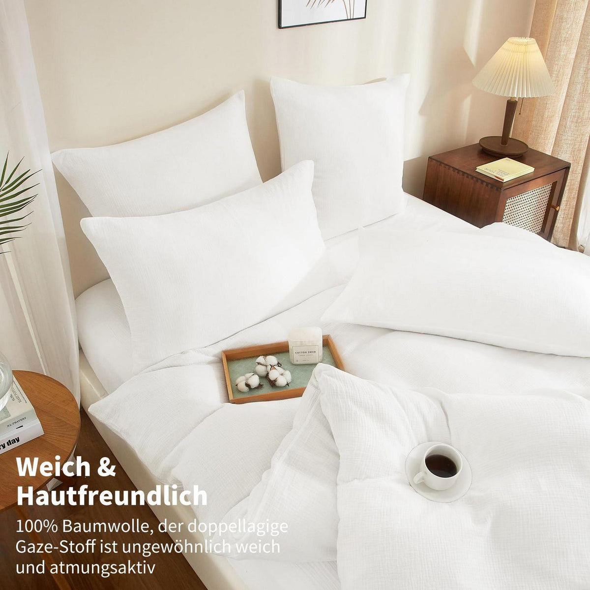 Doppelte Muslin Bettwäsche 200x220 Weiß – Weich & Atmungsaktiv