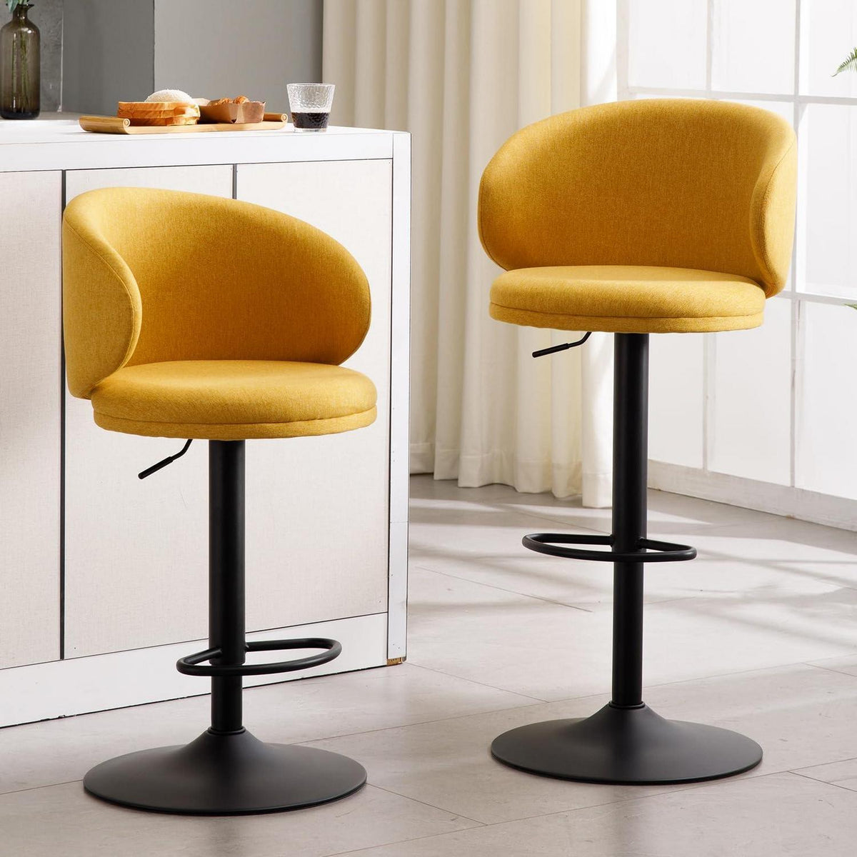 Barhocker Set 2er – Höhenverstellbar, Gelb, Leinenstoff