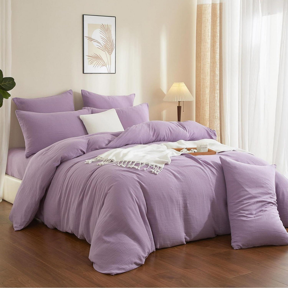 Doppelte Muslin Bettwäsche Lila 200x220 - Weiche Baumwolle Bettwäsche Set