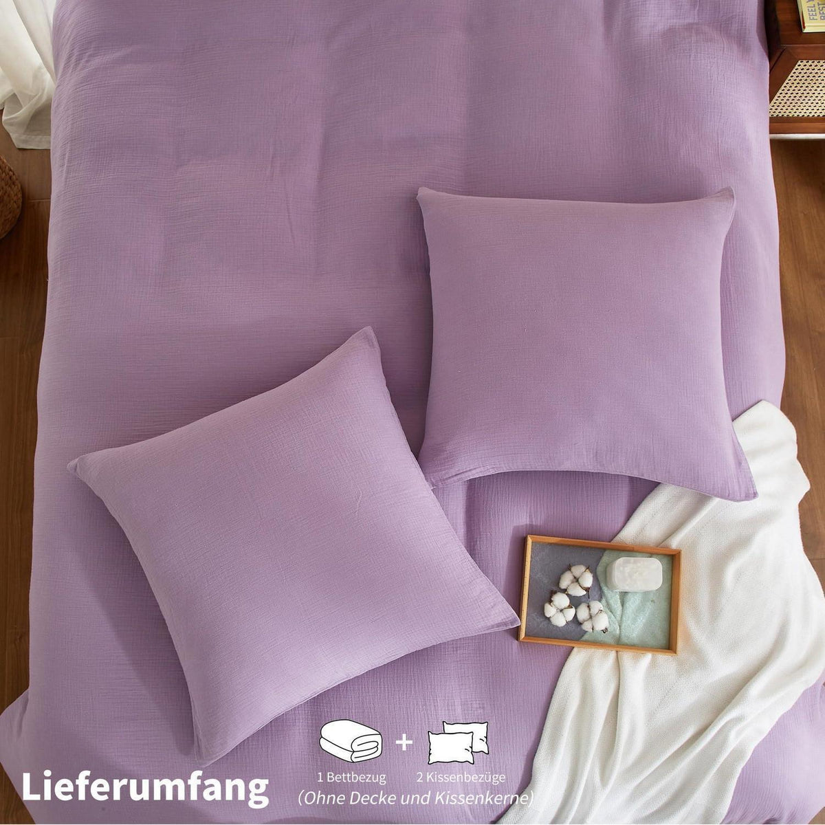 Doppelte Muslin Bettwäsche Lila 200x220 - Weiche Baumwolle Bettwäsche Set