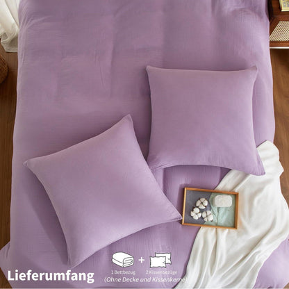 Doppelte Muslin Bettwäsche Lila 200x220 - Weiche Baumwolle Bettwäsche Set