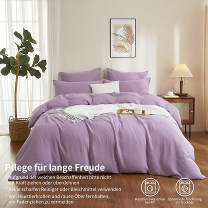 Doppelte Muslin Bettwäsche Lila 200x220 - Weiche Baumwolle Bettwäsche Set