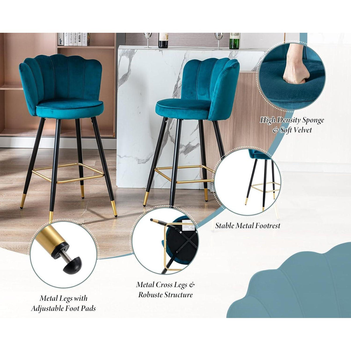 Ya-Home Samt Barhocker 2er Set, Blau – Komfortabler Tresenstuhl