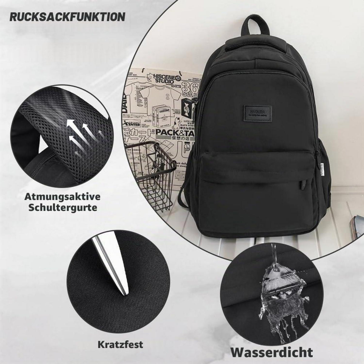 Schulrucksack 15,6 Zoll Laptop Rucksack Schwarz für Teenager
