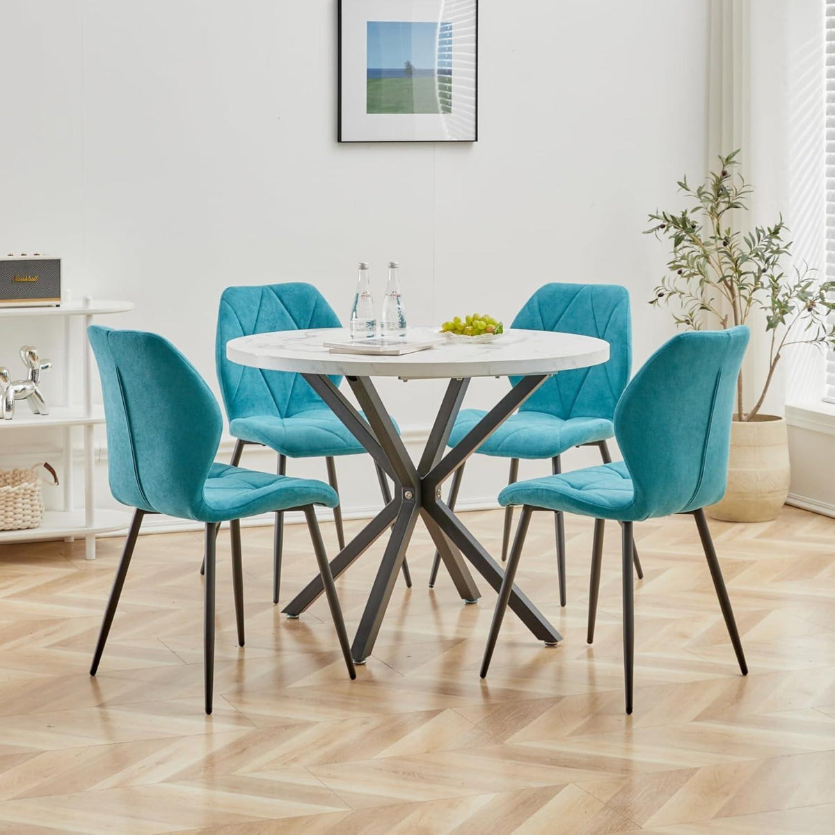 4 Esszimmerstühle Leinenstoff, gepolstert, blau