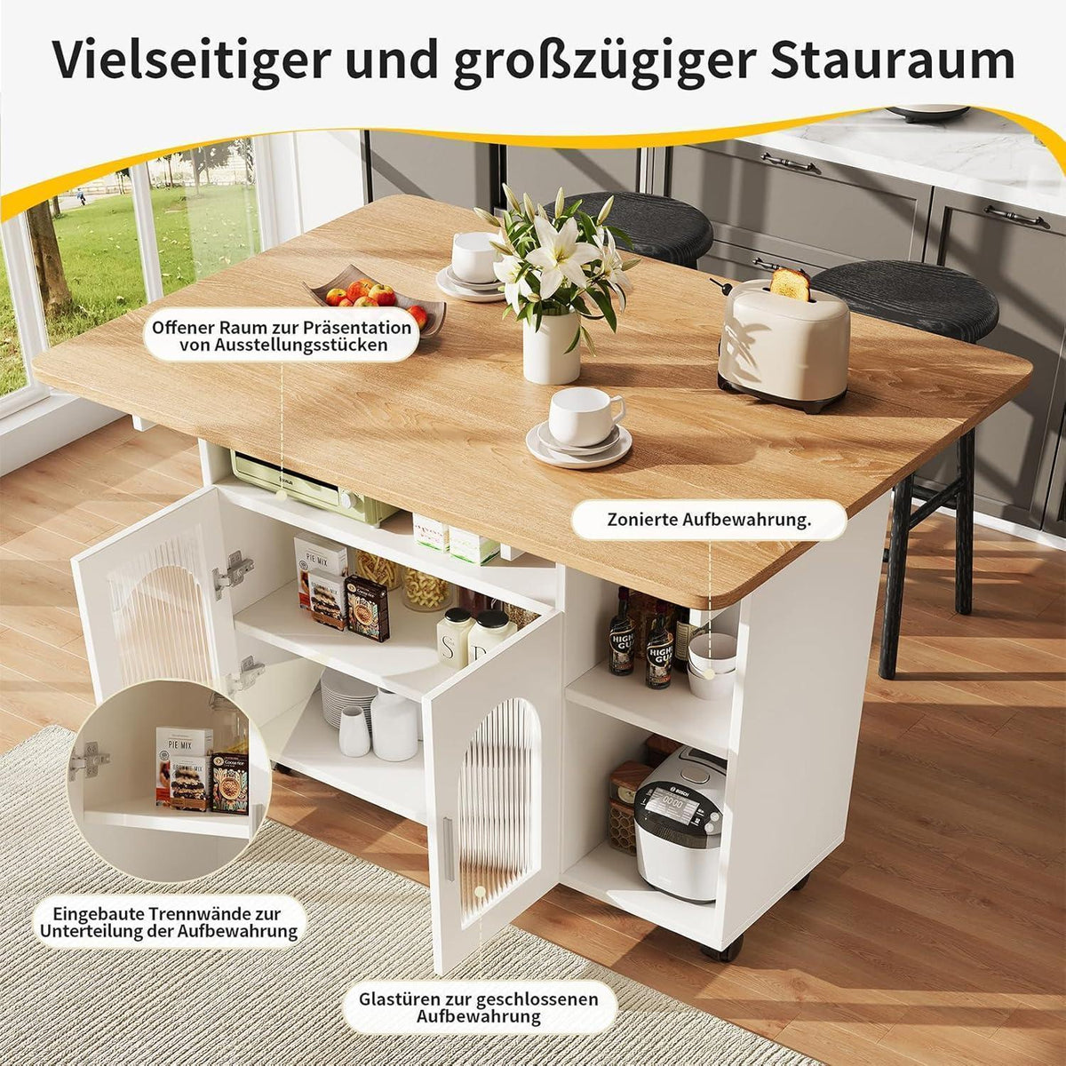 Moderne Kücheninsel mit Stauraum & klappbarer Tischplatte