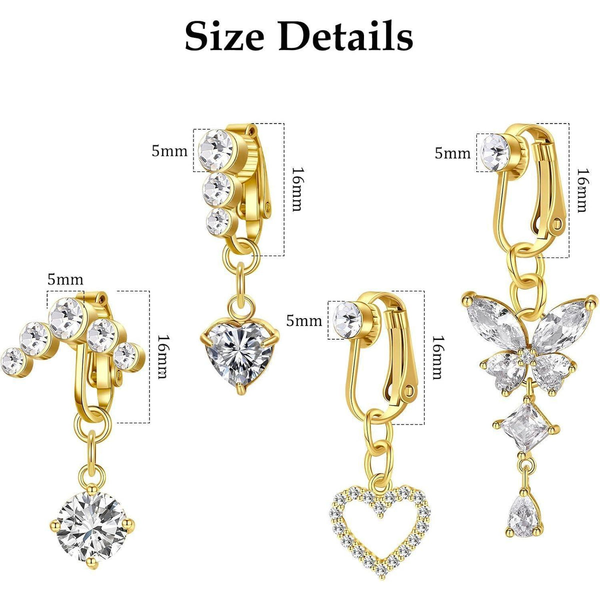 Fake Bauchnabelpiercing 4er Set Clip-On Chirurgenstahl Herz Schmetterling Gold