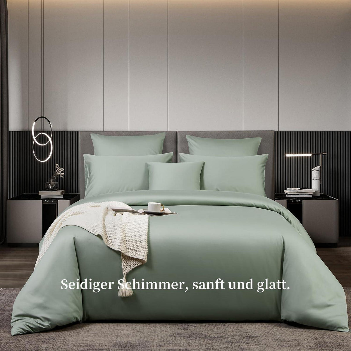 Satin Bettwäsche Set 200x220 cm Baumwolle Grün Salbeigrün