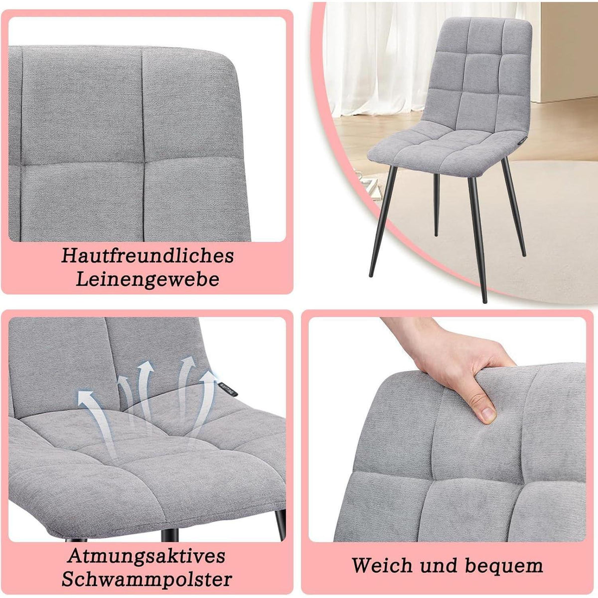 Essgruppe 140x80cm mit 4 gepolsterten Esszimmerstühlen Grau